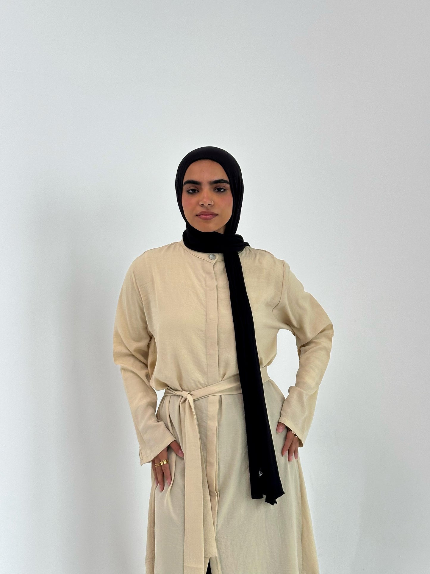 Belted Shirt Dress - Beige